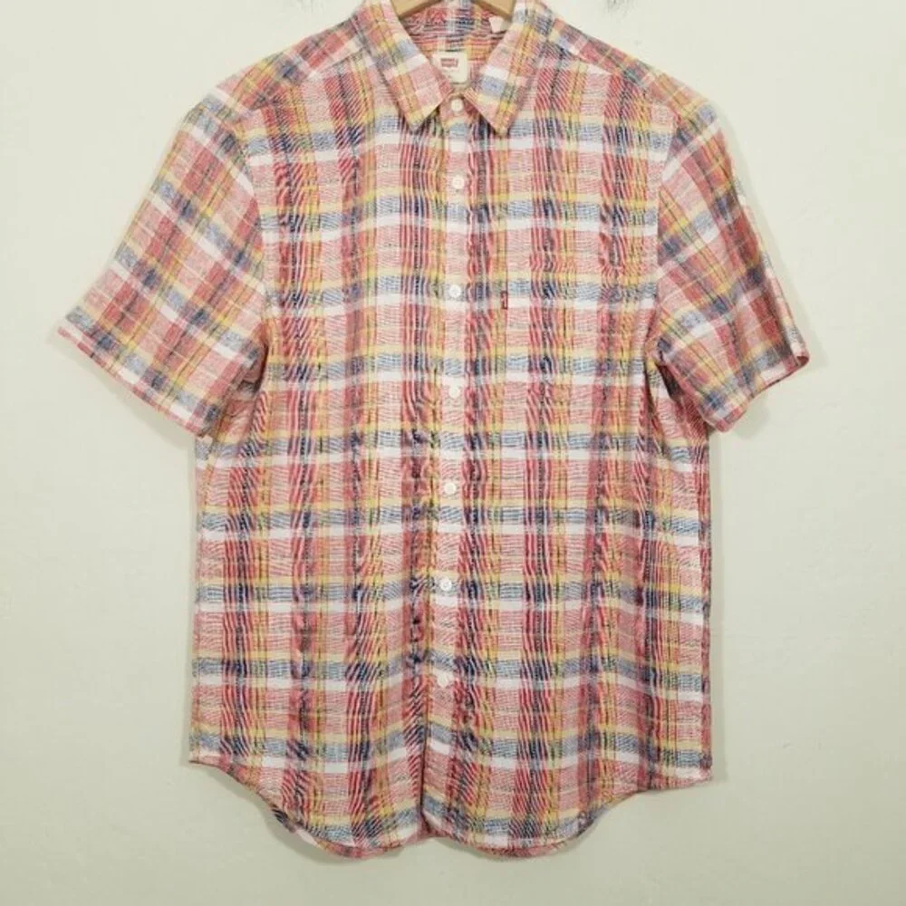 Levi's Linen Blend Plaid Button Down Shirt Short Sleeve Size M